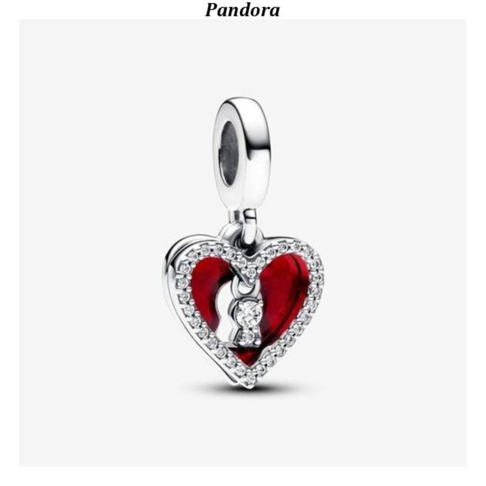 Authentic Pandora Red Heart & Keyhole Double Dangle Charm